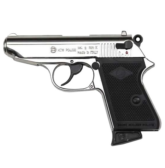 Bruni new police cromata - pistola a salve calibro 9mm - arma da segnalazione acustica - replica smontabile della walther ppk 7,65 cromata di 007.